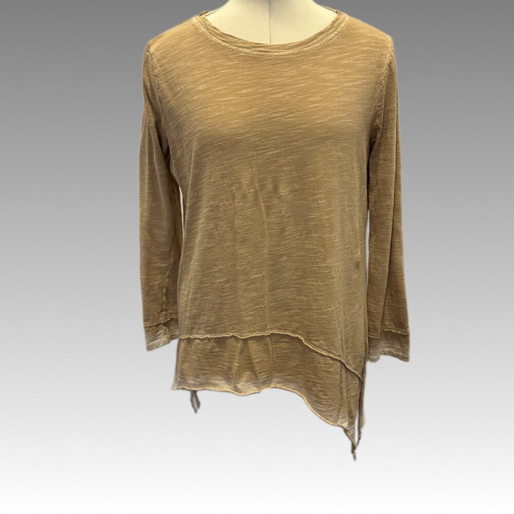 MAZIK Long Sleeve Tunic Top Asymmetrical Boho Grunge Indie Brown Tan Ombré L